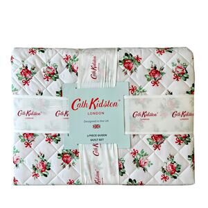 Cath Kidston London 3pc QUEEN Quilt & Sham Set Cottage Rose and Bows Pink NEW